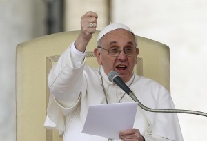 Pope Francis gestures as he speaks during his weekly general audience in St. Peter square at the Vatican Wednesday, April 3, 2013. (AP Photo/Alessandra Tarantino)